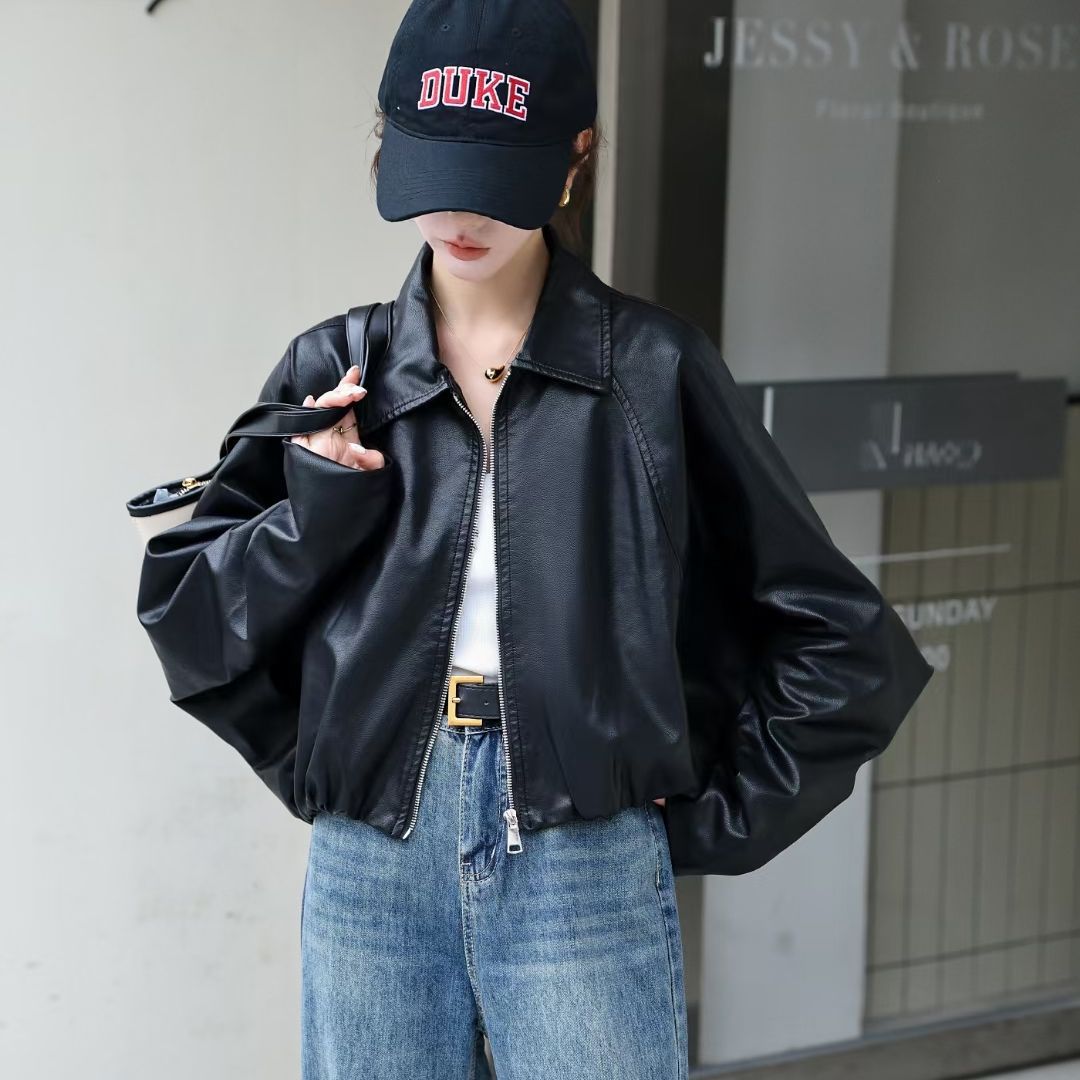 2025 Autumn and Winter New Batman Loose Casual Fit Leather Tops Women's Easiest for Match Slim Long Sleeve Pu Soft Leather Top Trendy