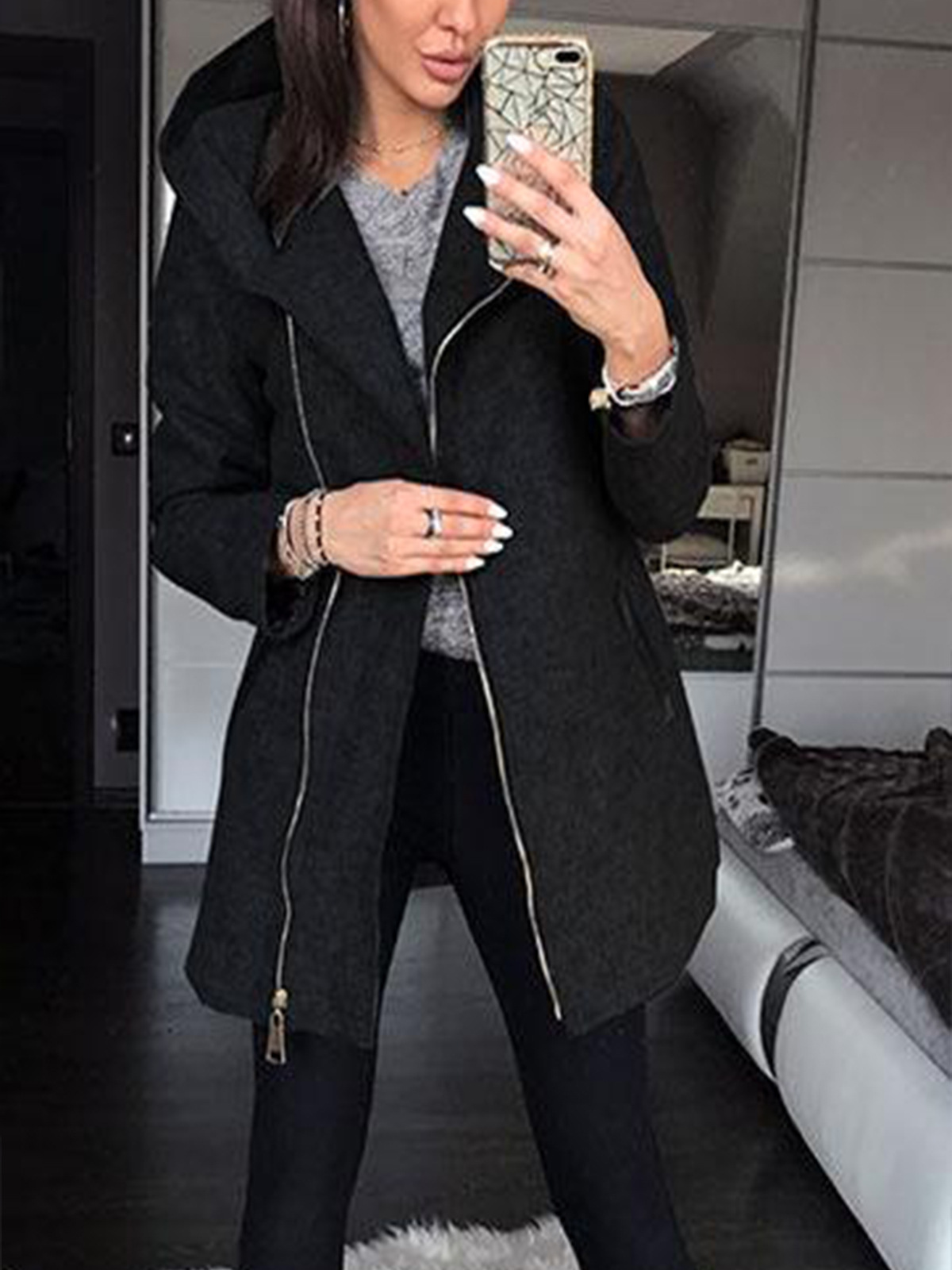 Amazon European and American Explosions Women's Autumn and Winter Fashion Hooded Women's Jacket New Pocket Zipper Jacket Sweatshirt