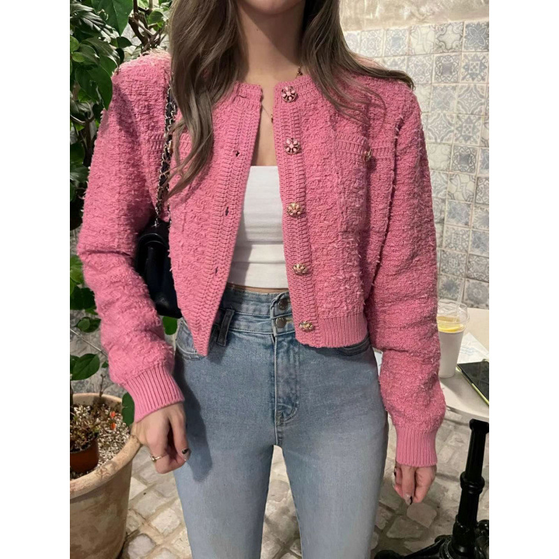 South Korea Dongdaemun Women's 2024 Autumn New Crochet Round Neck Single-breasted Long-sleeved Sweater for Women