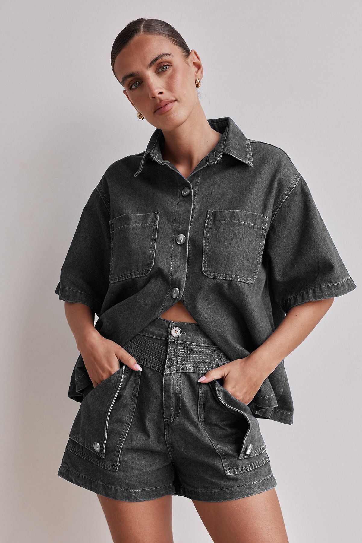 Picture of Amazon Foreign Trade Cross-border 2025 Summer European and American Women's Casual Retro Loose Shirt Denim Shorts suit