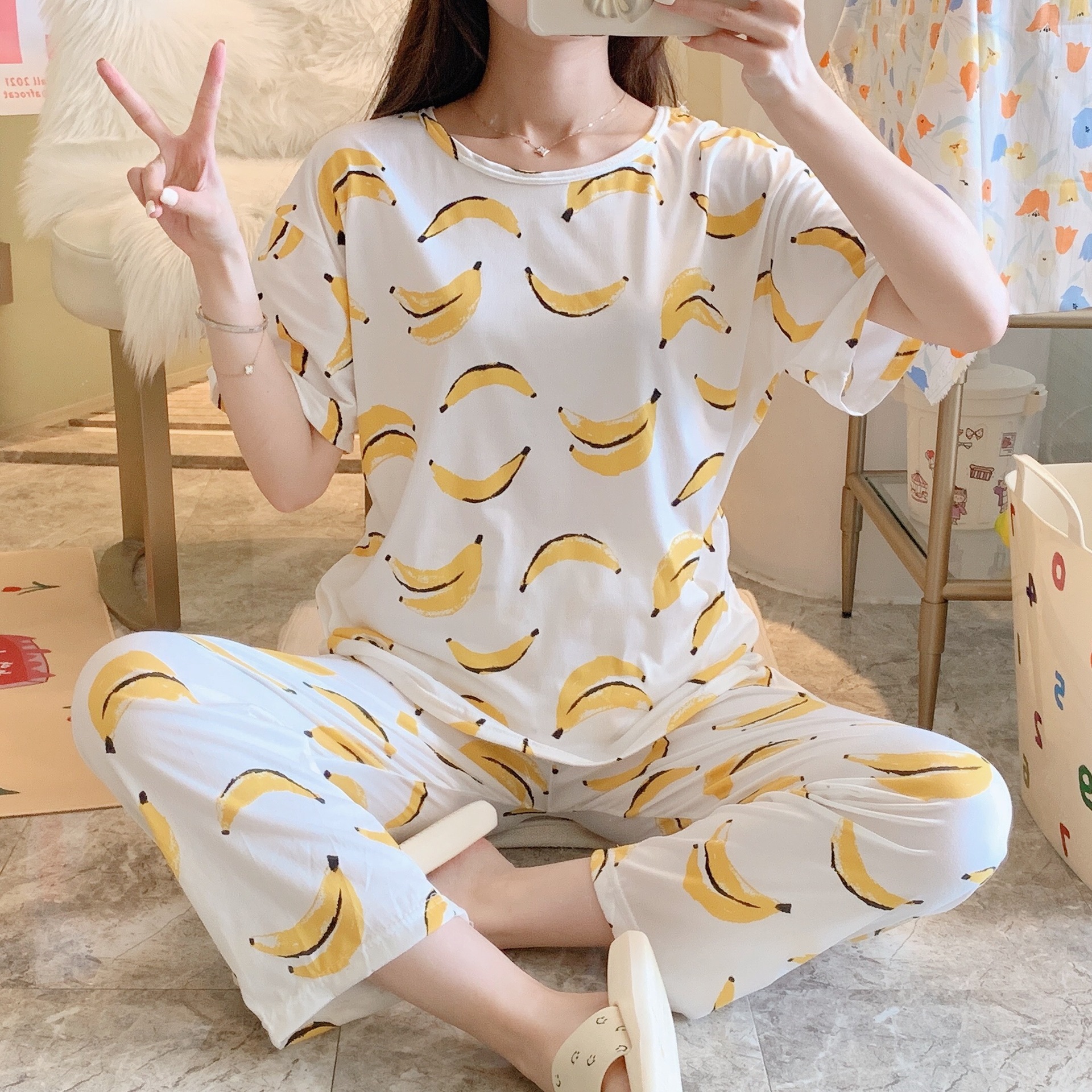 Picture of Pajamas Women's Spring and Autumn Summer Short-sleeved Trousers Large Size Loose Korean Style Fresh Cute Sweet Student Home Suit