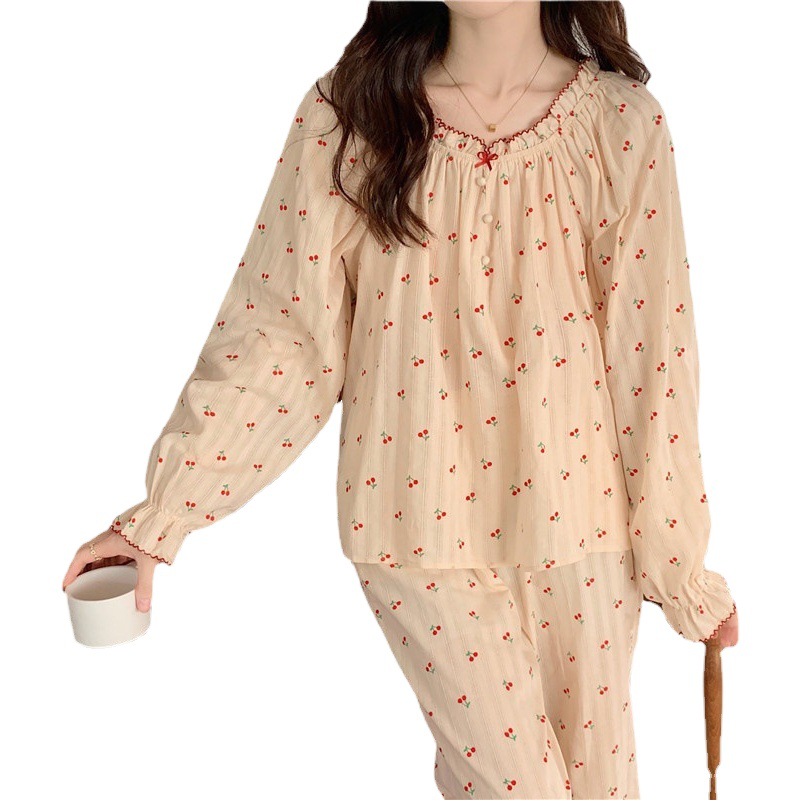 South Korea ins women's cotton jacquard sweet cherry loose comfortable outerwear long-sleeved trousers homewear suit pajamas