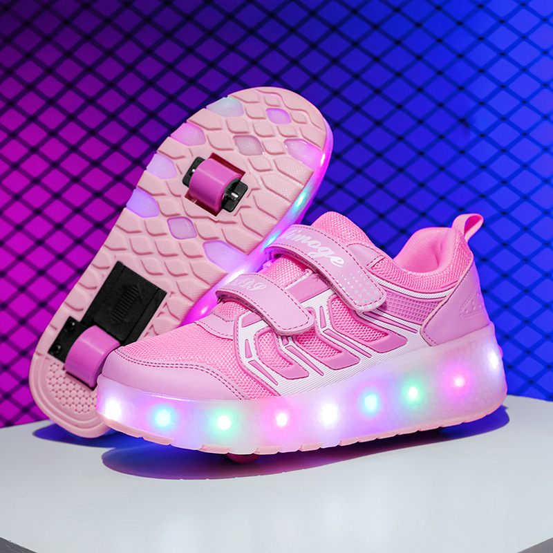 New double wheel with light heloo shoes factory wholesale children pulley skates mesh breathable flash roller skate shoes