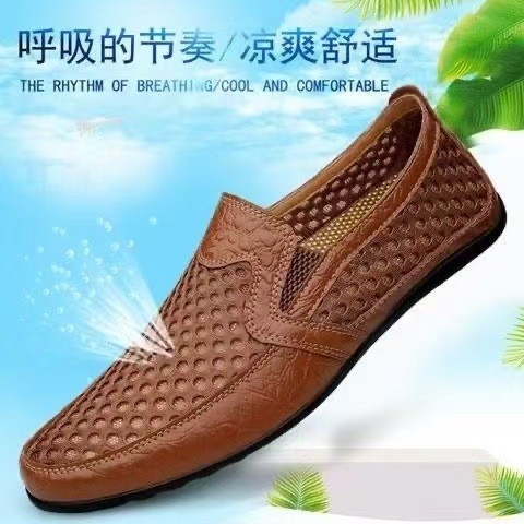 Leather Sandals New Slip-On Casual Leather Shoes Men's Summer Mesh Shoes Hollow Breathable Mesh Driving Shoes Men's Shoes