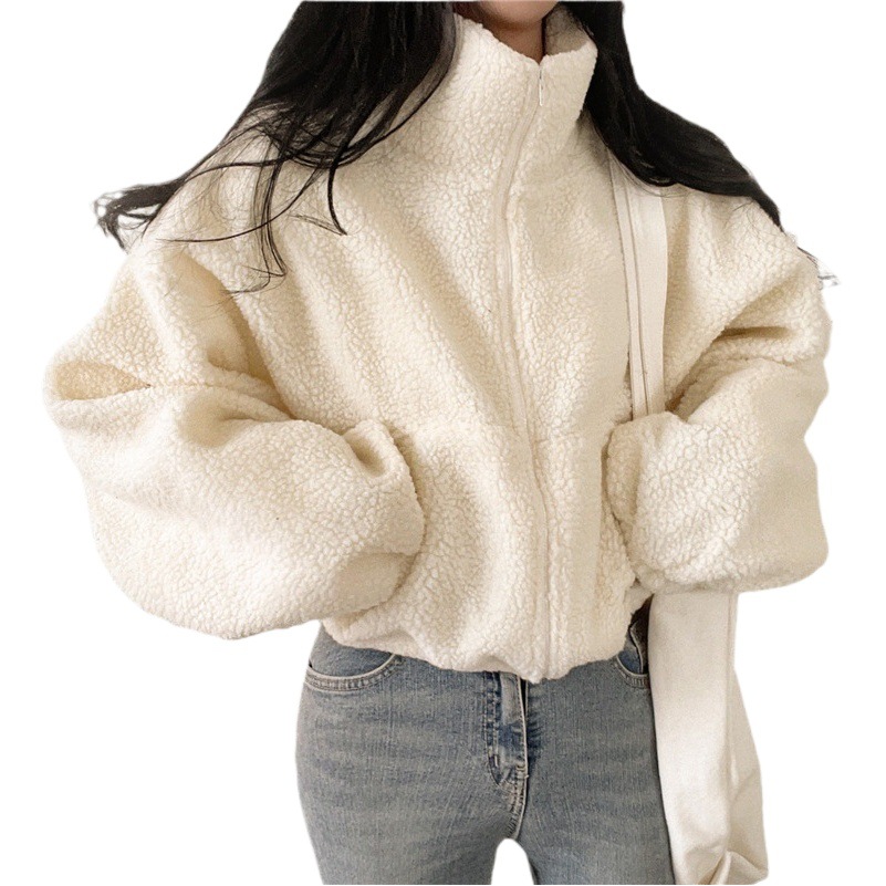 Vertical Collar Short Sweater Women's Autumn and Winter fleece-lined Thickened Loose Ins Lazy Style Lamb Velvet Cardigan Zipper Jacket