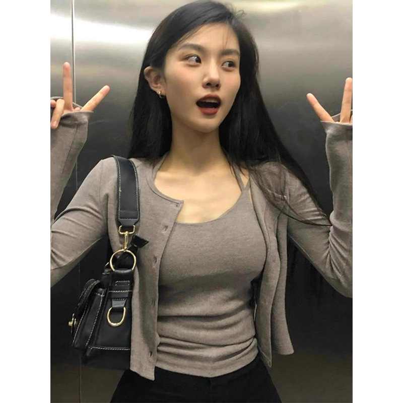 Korean-style Purple Gentle Short Camisole suit Women's Spring Slim-fit Slimming Spice Girl Knitted Cardigan
