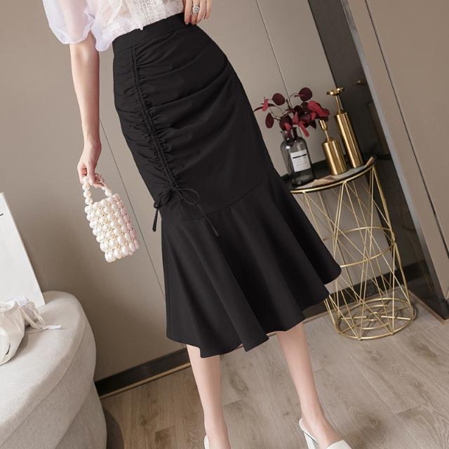Fishtail Skirt Skirt 2022 Spring and Autumn New High Waist A- line Skirt Fashion Drawstring Irregular Mid-length Hip Skirt