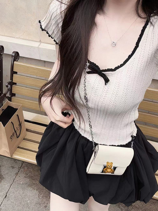 Picture of American Style Shoulder Contrast Lace Bow Knitted Short-sleeved T-shirt Women's Summer Tight Spice Girl Short Top