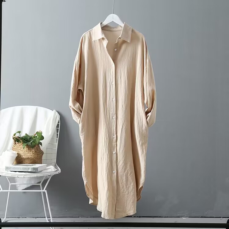 Picture of 25 Shirts for Women Spring & Fall Cotton and Linen Fashionable Korean Style Pure Color Versatile Tops Mid-Length Loose Shirts Long-Sleeved Large Size Tops