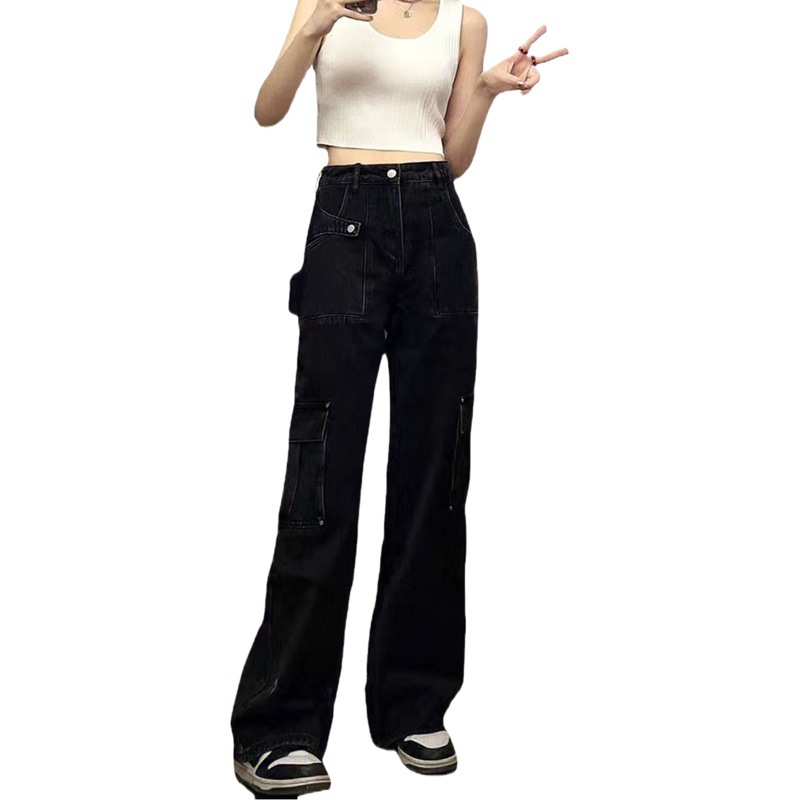 American Retro High Street Black Overalls Women's Spring and Autumn High Waist Loose Design Sense Slimming Casual Denim Trendy Pants