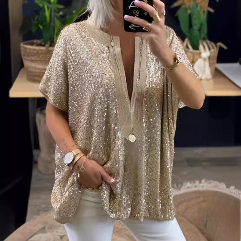 in stock Amazon New Cross-border Independent Station AliExpress Deep V-Neck Sequin Stitching Top