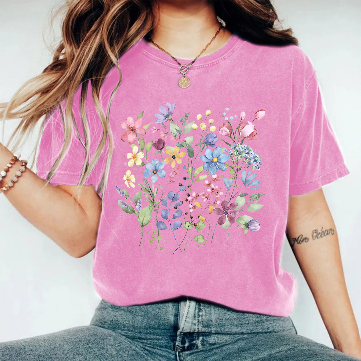 Picture of European and American Casual T-Shirt Pure Cotton Washed Old Floral Cross-Border Round Neck Short-Sleeved Ready-Made Tops for Women Export Orders