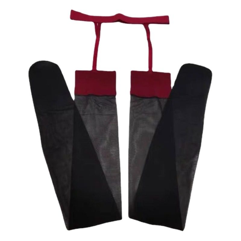 Sling Silk Stockings Spring and Summer Thin Women's Sexy Red Edge One-piece Socks Pure Black Silk Crotch Free Take-off One-piece Socks Skin-beautifying Socks