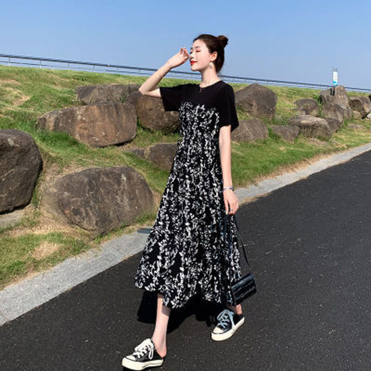 Picture of dress Women's 2025 Summer New Hepburn Style Mid-length Floral Dress Elegant High Waist Slimming Short-sleeved Long Dress