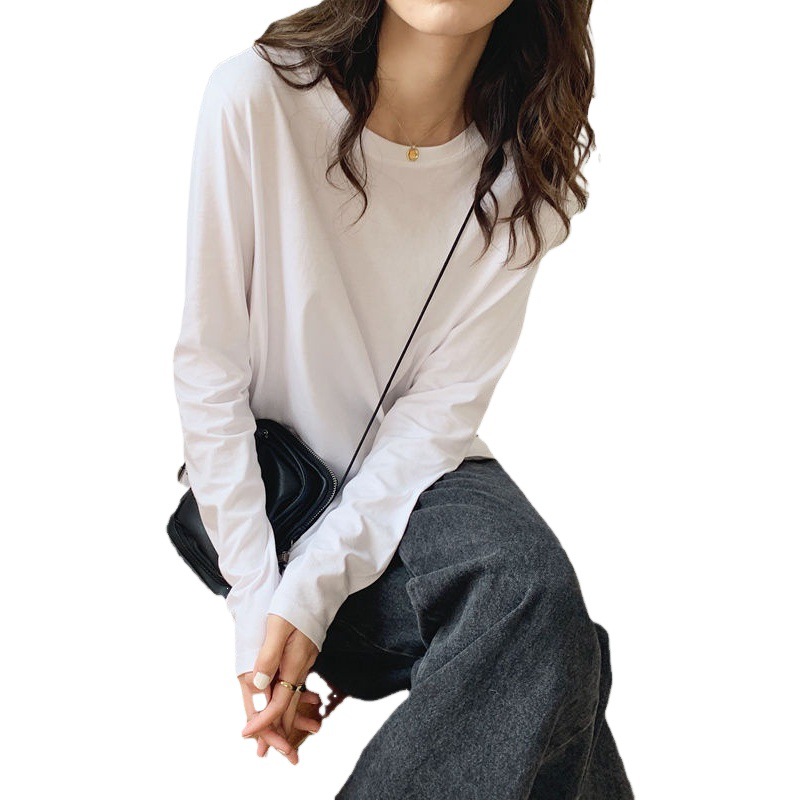 Early Autumn Top Ins Female White T-Shirt Long-Sleeved Female Student K-Style Loose Round Neck Versatile Pure Color Spring & Fall Bottoming Shirt
