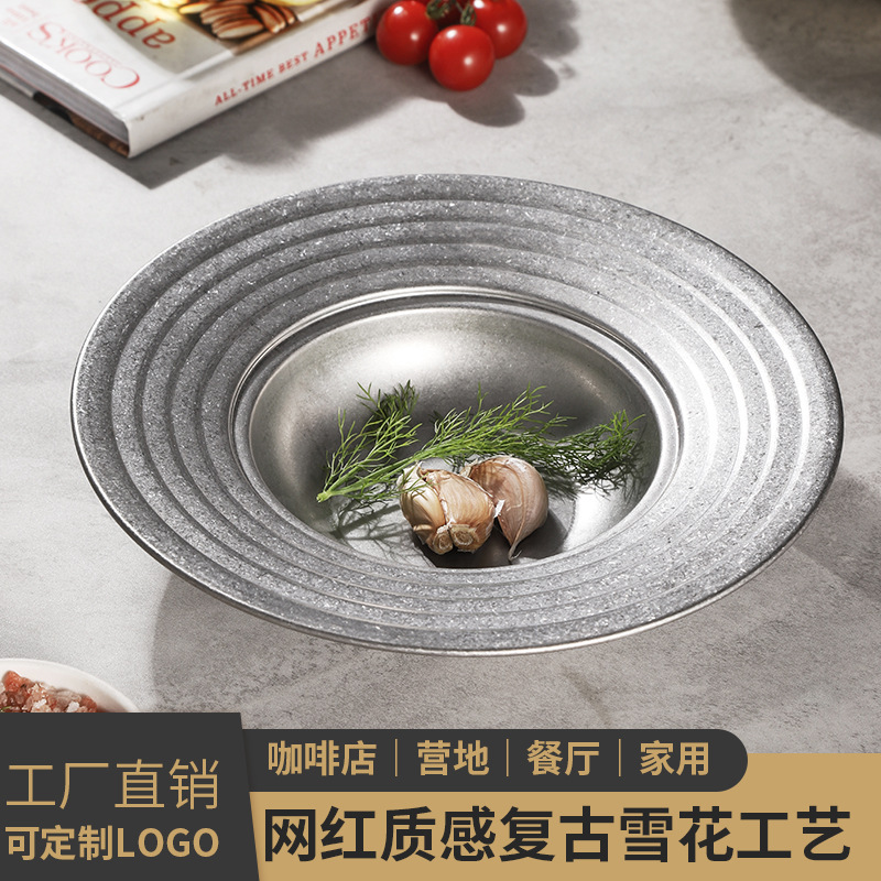 Korean-style Stainless Steel Pasta Plate Restaurant Light Luxury Disc Golden Retro Western-style Barbecue Plate Outdoor Camping Salad