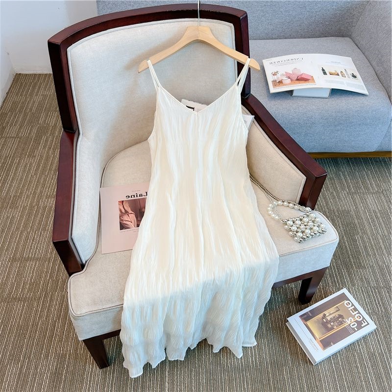 Summer plus size Women's Fat Tail French Belly Covering Texture Slimming Sling Small Collar dress