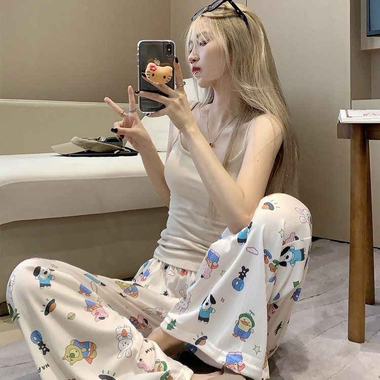 Summer New Sling Pajamas Women's Loose Casual Cartoon Printed Casual Trousers Summer Home Clothes Two-piece Suit