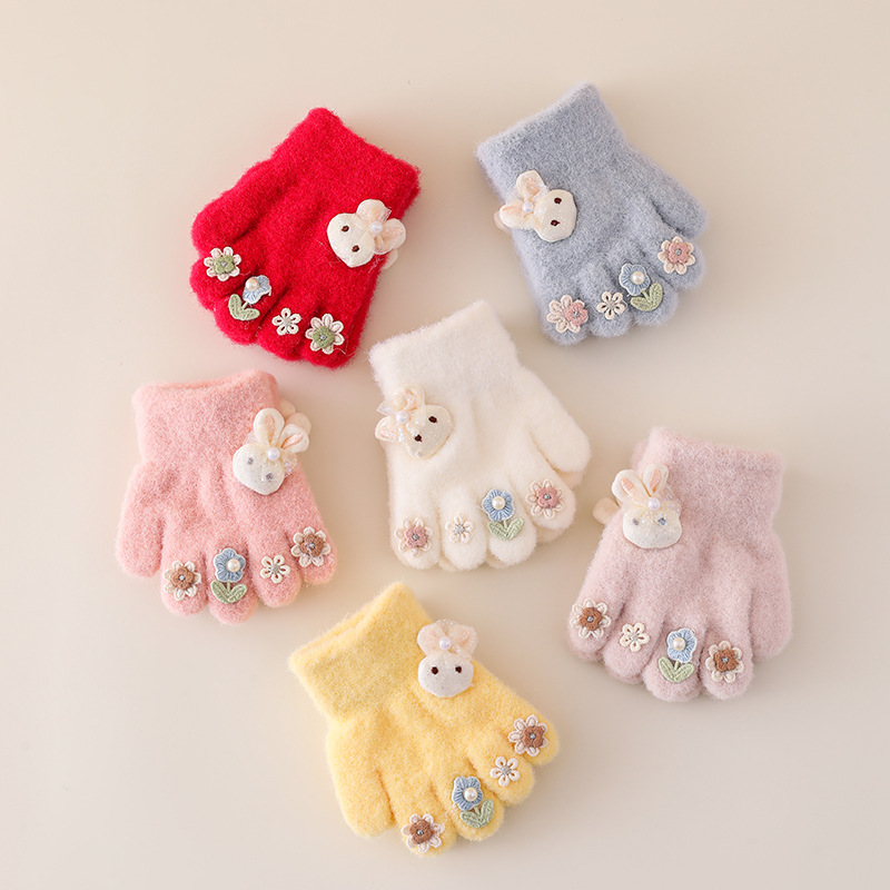 Children's Gloves Girls Autumn and Winter Knitted Warm Cold-proof Small Five Finger Infant Windproof Cute Sweet Finger Set