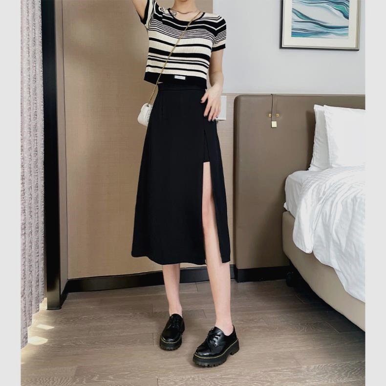 2023 New Summer Black High Waist Skirt plus size A- line Skirt Irregular Split Slim Look High Middle Length Skirt