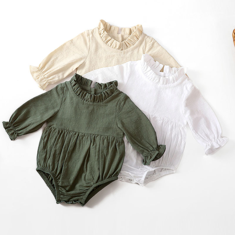 Picture of Cross-border New Long-sleeved Cotton and Linen Newborn Hatshirt Solid Color Flying Sleeve Lace Collar Baby Jumpsuit Children's Hatshirt