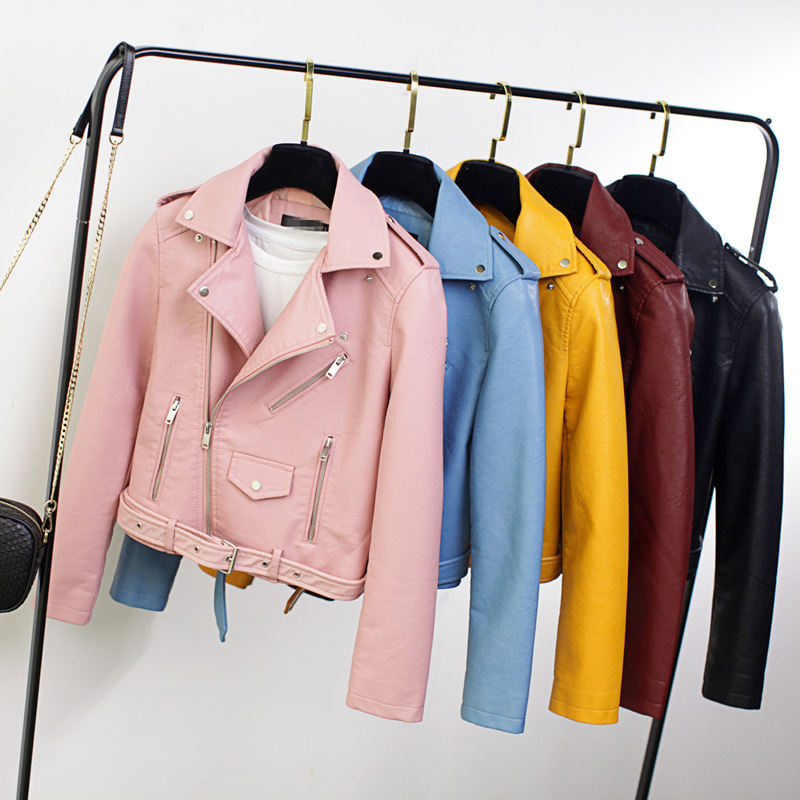 Factory Spring and Autumn New Lapel Long Sleeve Slim Fit Single Row Large Round Buckle Fashion PU Leather Coat Women's Short