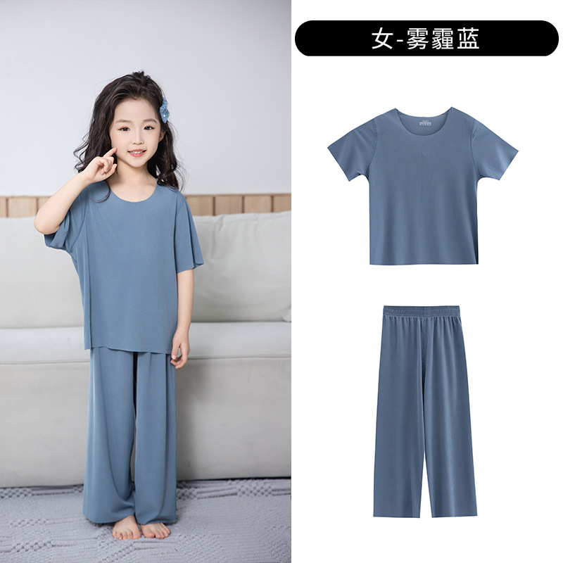 Picture of Summer New Style Boys' Short-Sleeved Loose Seamless Ice Silk Home Clothes Children's Two-Piece Set Girls' Pajamas Set Wholesale