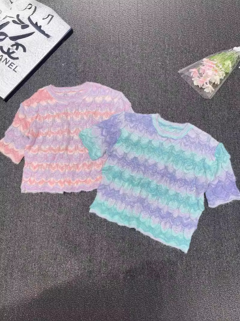 Picture of Summer Thin Heavy Industry Diamond-encrusted Rainbow Color Knitwear Women's New Style Chanel Style Loose Pullover Loose Hollow Top