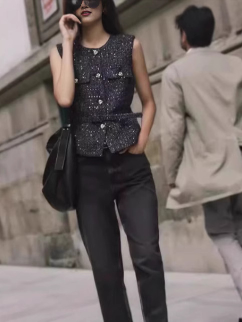 Zr2025 Spring New European and American Cross-Border Women's Metal Buckle Belt Textured Vest