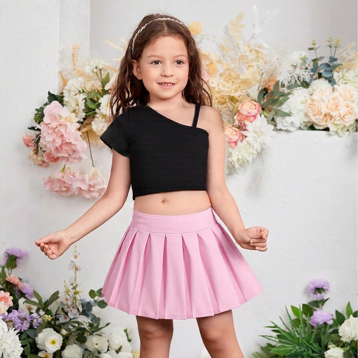 Spot J Girls Fashion One-Shoulder T-Shirt Skirt Two-Piece Summer Dress European and American Kidsren's Pleated Skirt Suit