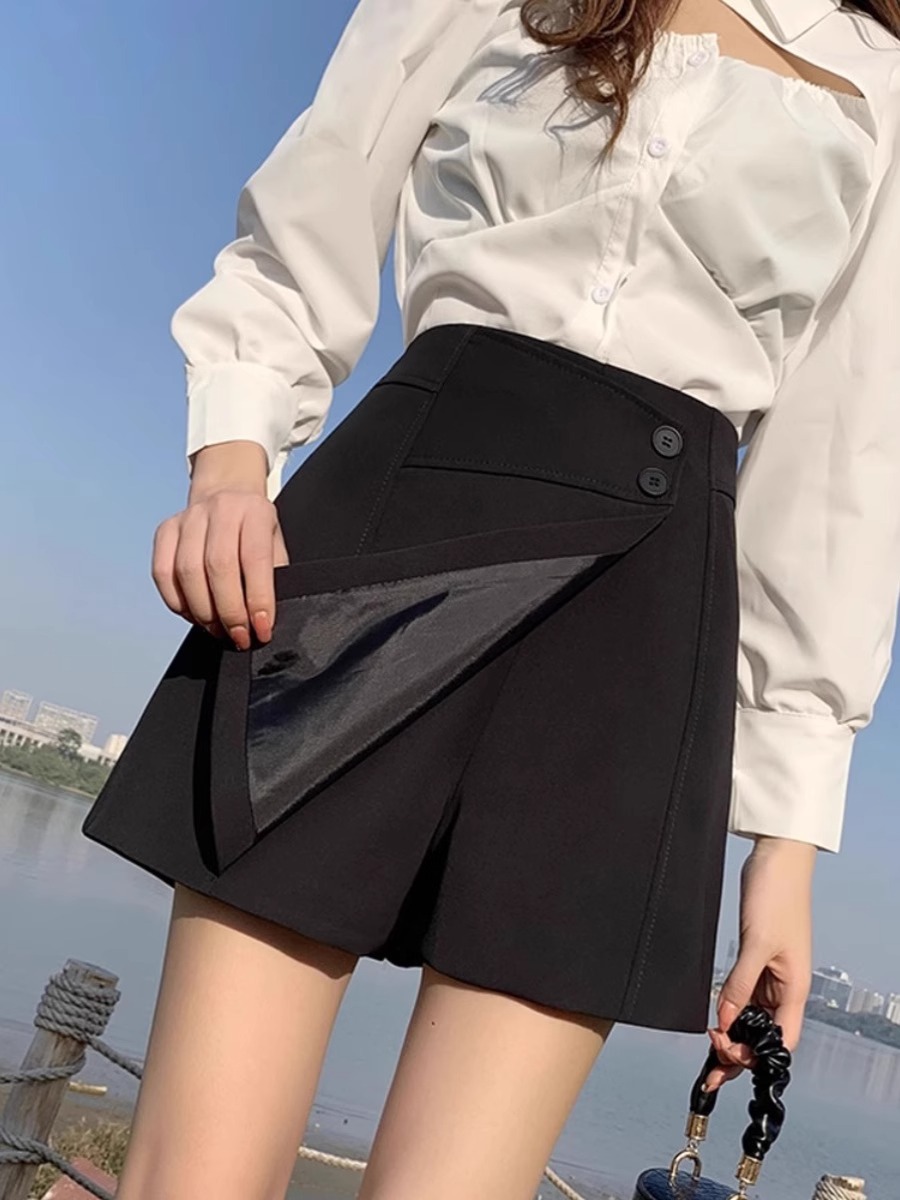 Short Pants Skirt Women's 2024 New Spring Korean Style Irregular A- line Hot Pants High Waist Slimming Fashionable Suit Wide-leg Pants