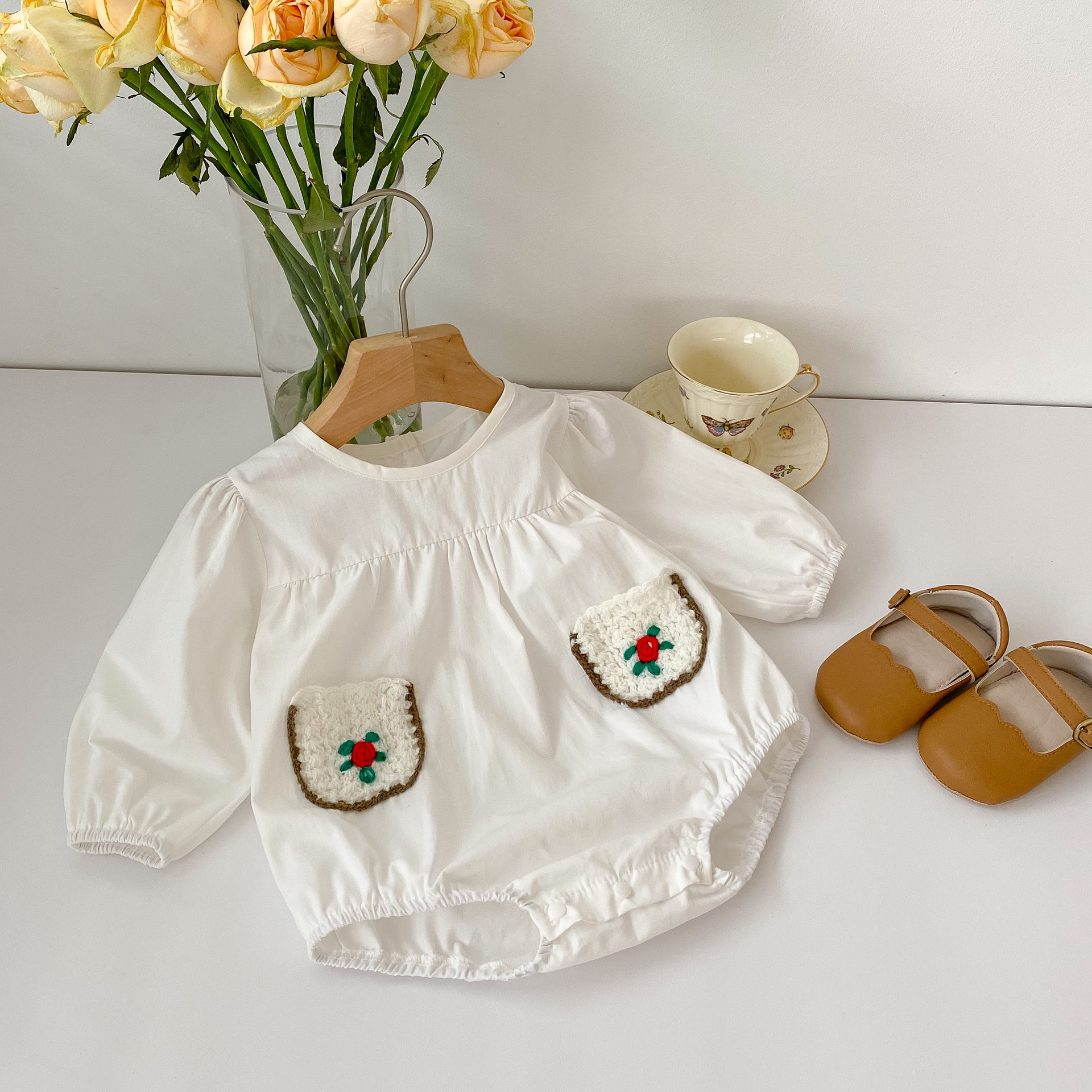 Ins2025 Baby Clothes New Style Solid Color Stylish Embroidered Pocket Romper Thin Long-Sleeve Jumpsuit Crawling Suit