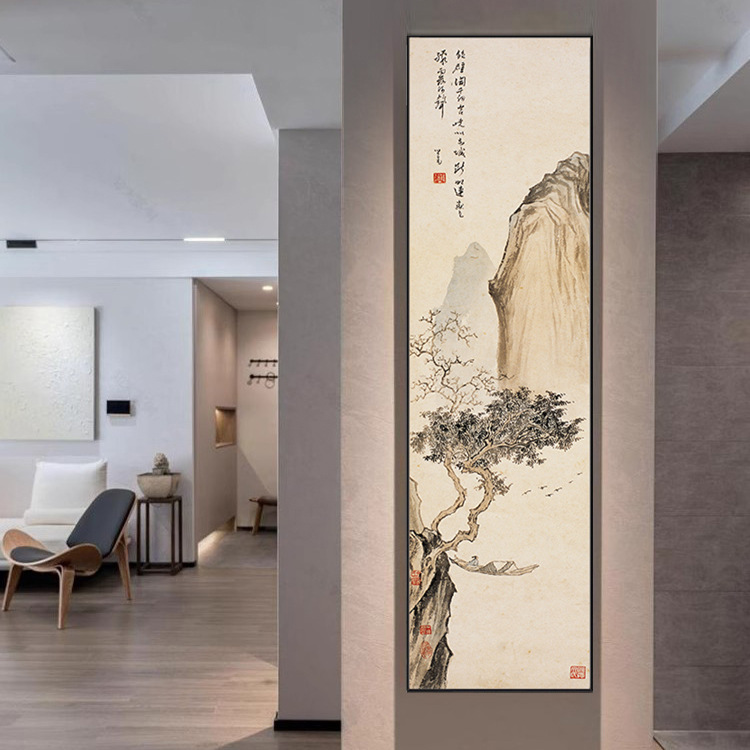 New Chinese Landscape Decorative Painting Hallway Vertical Edition Long Strip Traditional Chinese Painting Living Room Aisle Hanging Painting Study Tea Room Ancient Fresco