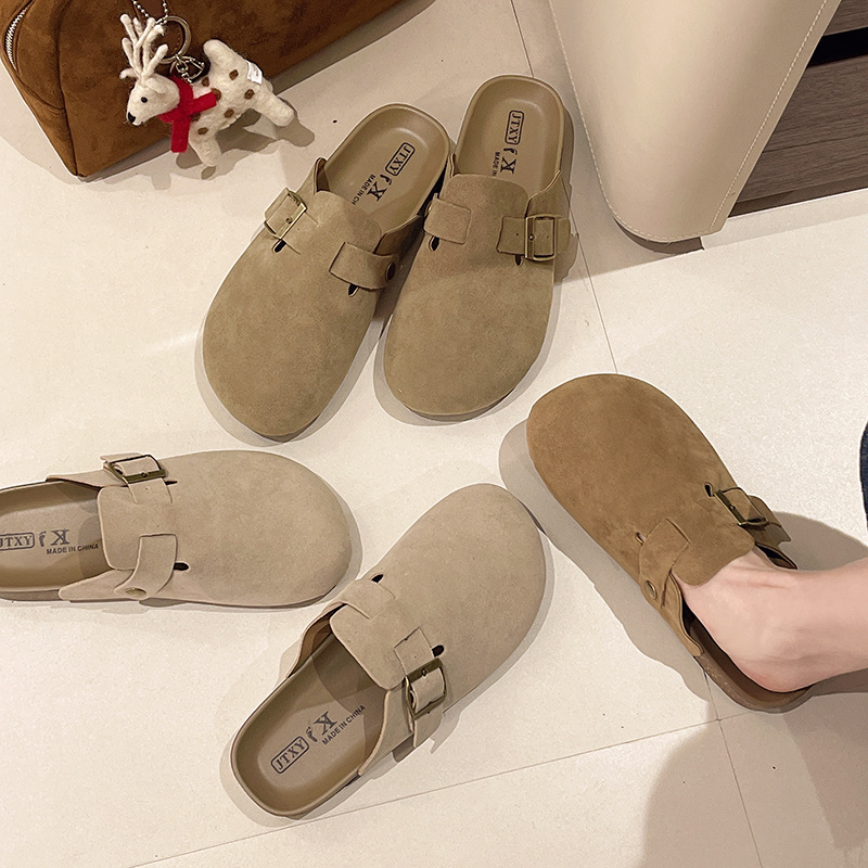 Genuine Leather Burkham Shoes Women's 2024 Spring New Style Outer Wear Slip-on Lazy Soft Bottom Baotou Slippers Thick Bottom Burkham Shoes