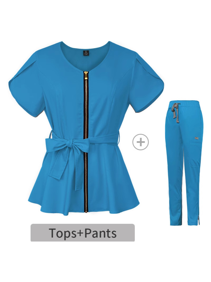 European and American Amazon Strap Waist Tight Surgical Clothes Women's Split suit Hospital Short-sleeved Brush Hand Clothes Elastic Nurse Wash