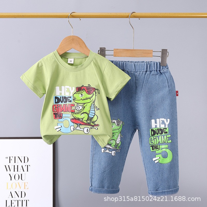 Picture of Summer 2024 new 0-5 years old children's suit cartoon car animal crew neck short sleeve jeans two piece cotton