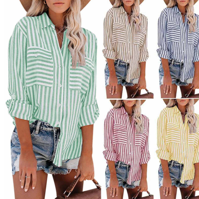 Cross-border European and American Women's 2024 Spring and Summer New Cotton Polyester Single-breasted Long-sleeved Striped Cardigan for Women