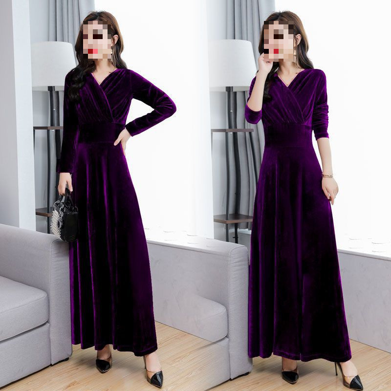 Cross-border 2024 Spring and Autumn Winter New Gold Velvet dress Long Slim-fit Elegant Long-sleeved plus size Autumn Fashion