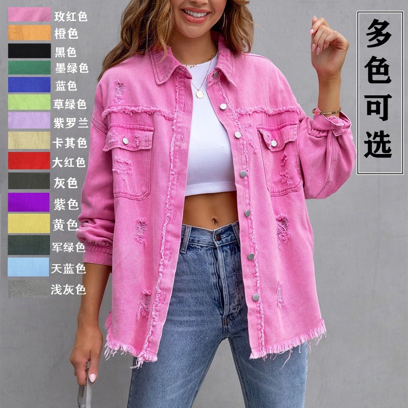 2024 Amazon cross-border new fashion solid color long hole long sleeve Denim coat European and American style jacket