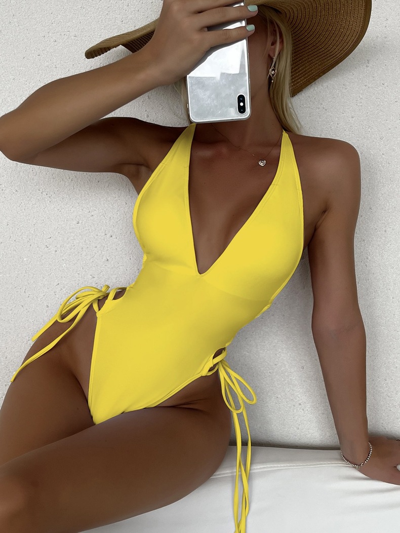 Picture of Cross-Border European and American Pure Color Deep V Sexy Bikini One-Piece Swimsuit Women's High-End Bikini Beach Spa Swimsuit