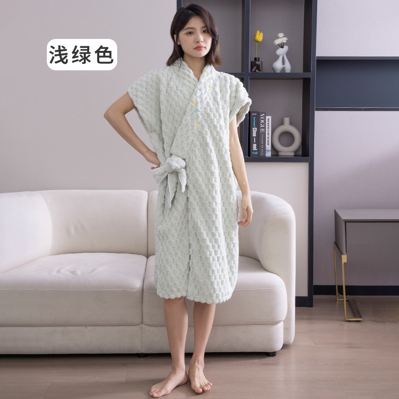 Picture of Wearable wrap bath towel female cloud jacquard cross strap bathrobe coral fleece absorbent adult bath skirt embroidery