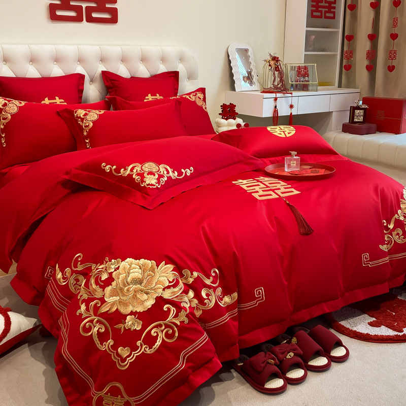 Picture of Chinese-style High-grade Wedding Four-piece Set Big Red Embroidered Wedding Dowry Quilt Cover Bed Sheet Newlywed Wedding Room Bedding