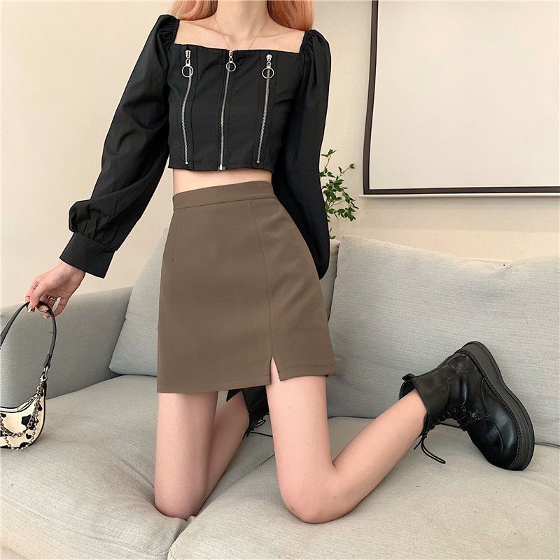 New A- line split skirt Girls' High waist slimming skirt fat m black casual suit anti-exposure business skirt