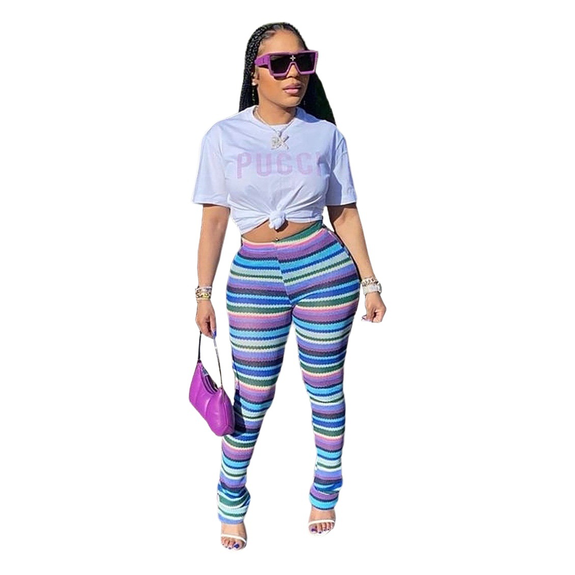 GL6585 Amazon European and American Women's Cross-border Goods Color Strip Knitted Hollow Jacquard Fashion Pants Flare Pants
