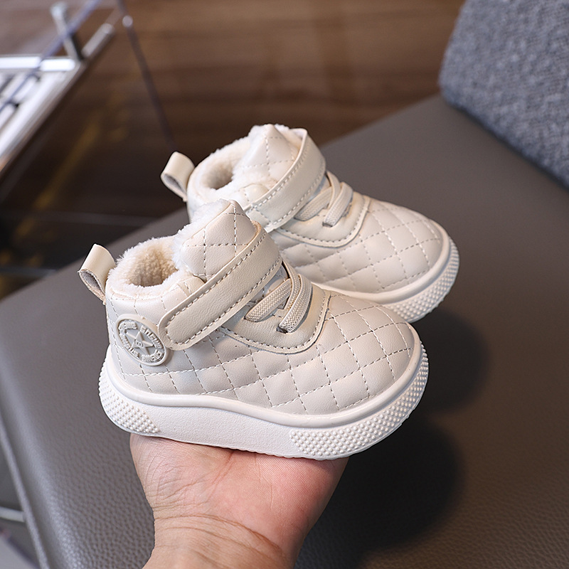Picture of Autumn and winter high-top baby boys and girls soft bottom non-slip toddler shoes 1-3 years old fleece-lined thick warm cotton shoes bread shoes