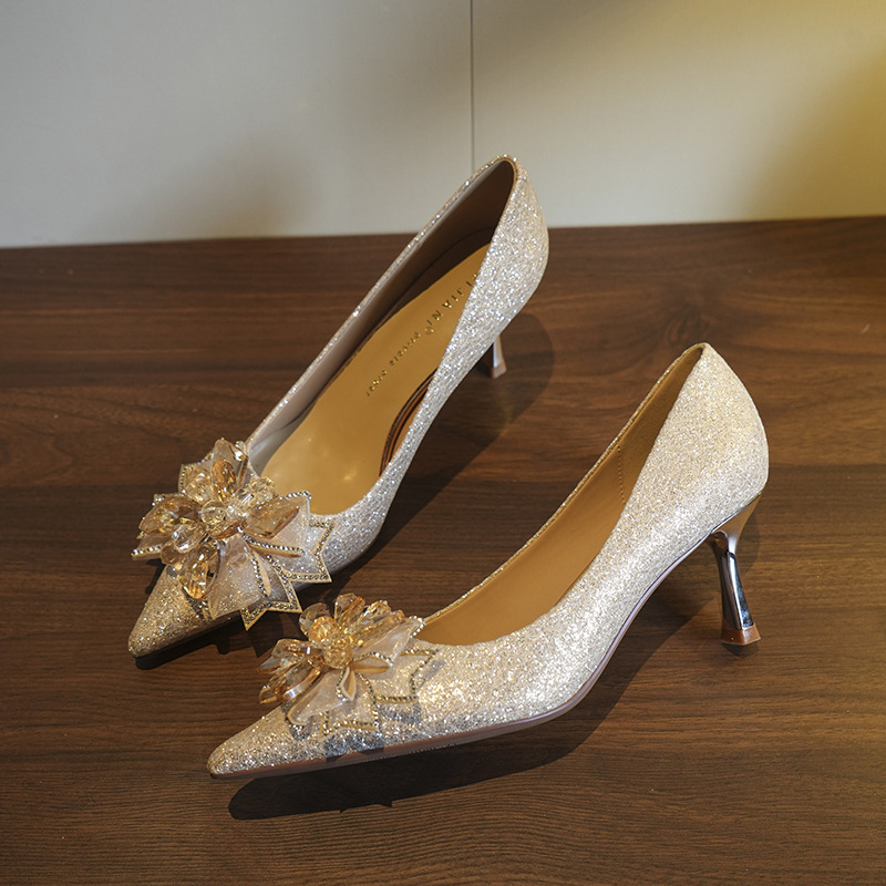 Picture of 3356-26 Goddess Fairy Fan ~ Crystal Bow High Heels Women's Pointed Heel Wedding Shoes Bridesmaid Banquet Shoes