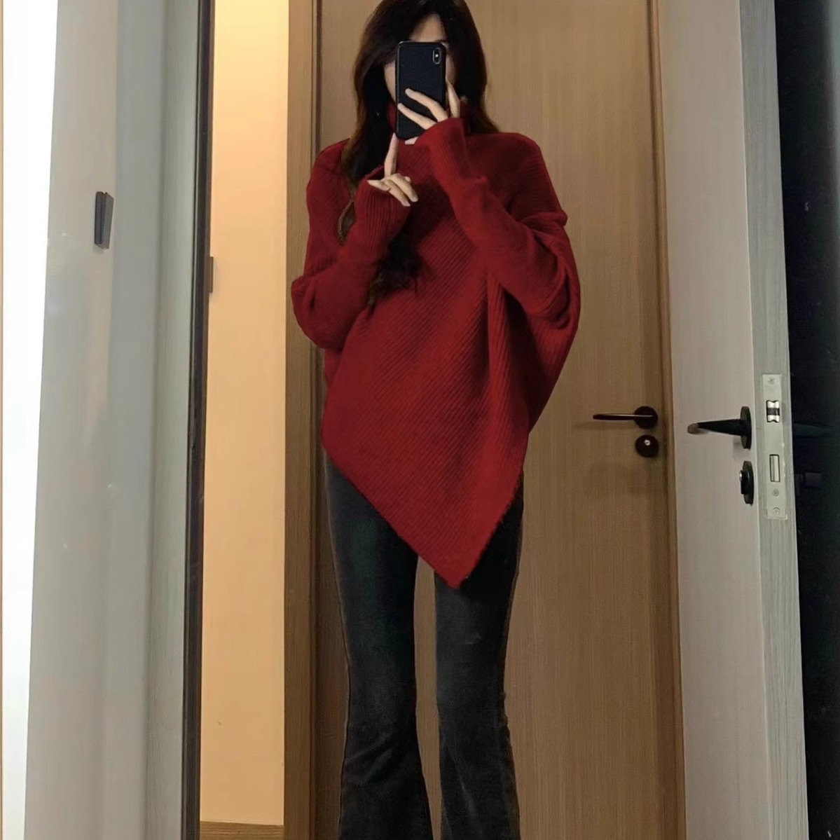 Picture of Irregular turtleneck sweater for women 2023 autumn and winter New elegant gentle Korean style New Year red lazy style thickened