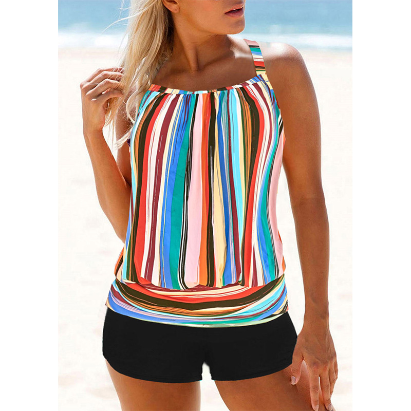 European and American New Swimwear Women's Striped Vest suit American Tankini Conservative Loose Amazon Split Swimsuit