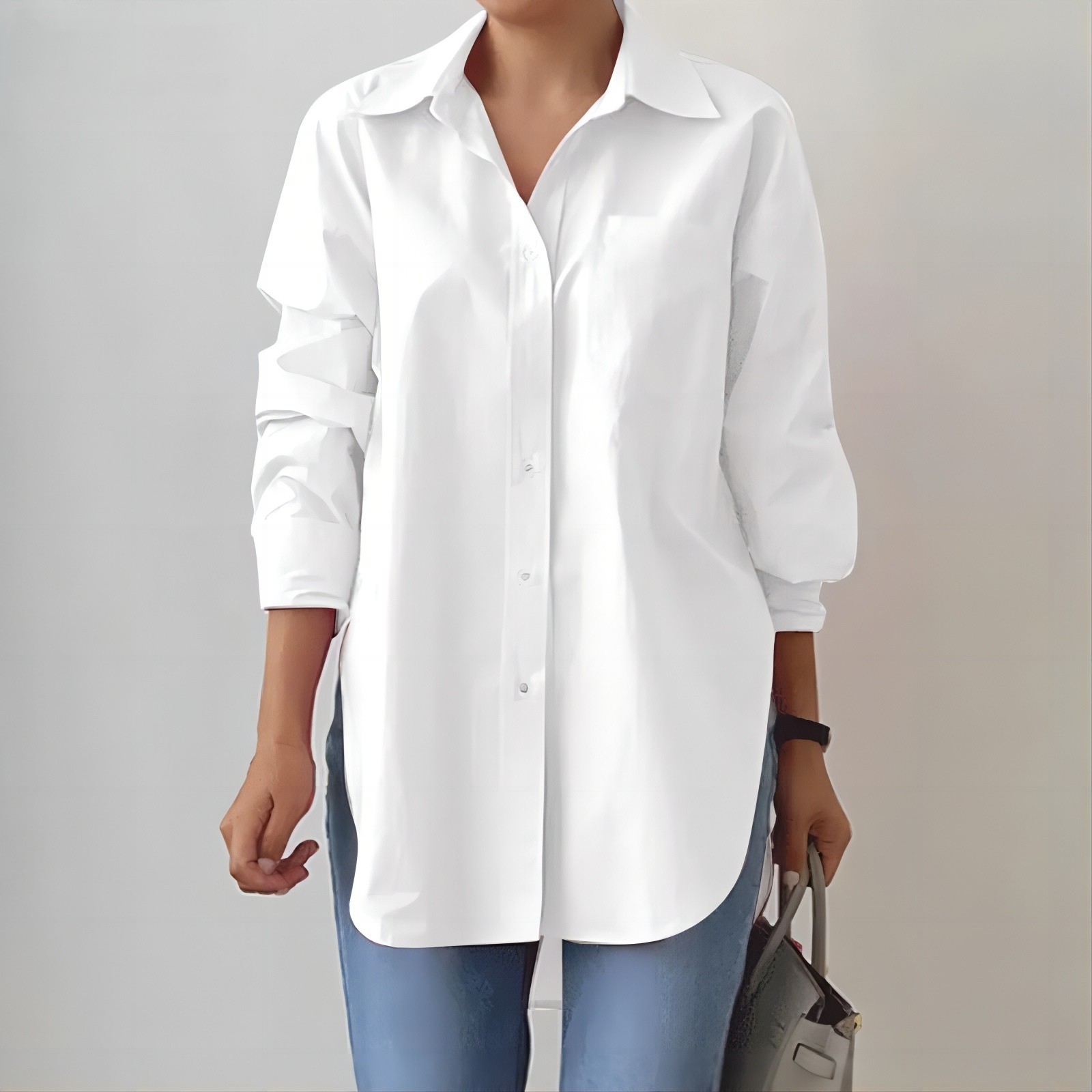 Picture of Elegant lapel long sleeve shirt 2024 fashion women's spring and autumn solid color split hem oversized OL work shirt