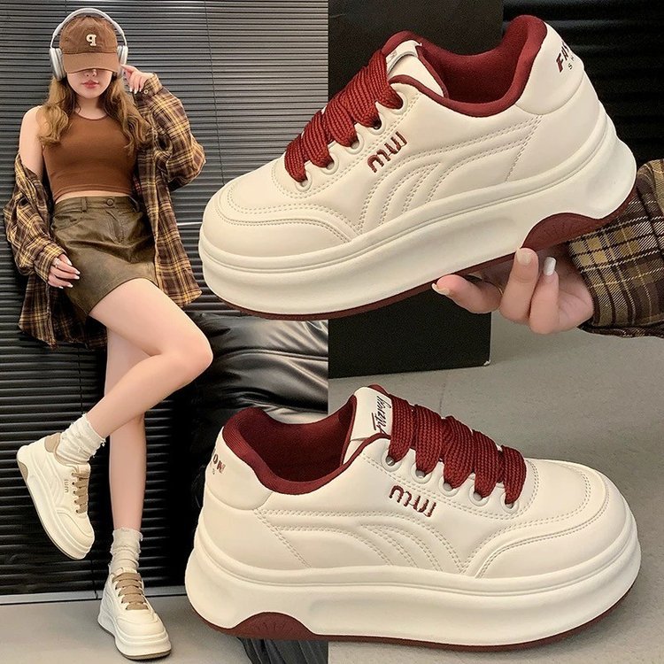 Fashion Platform Sports Casual Shoes Women's 2025 Spring New All-match Round-toe Leather White Shoes Height-increasing Women's Sneakers